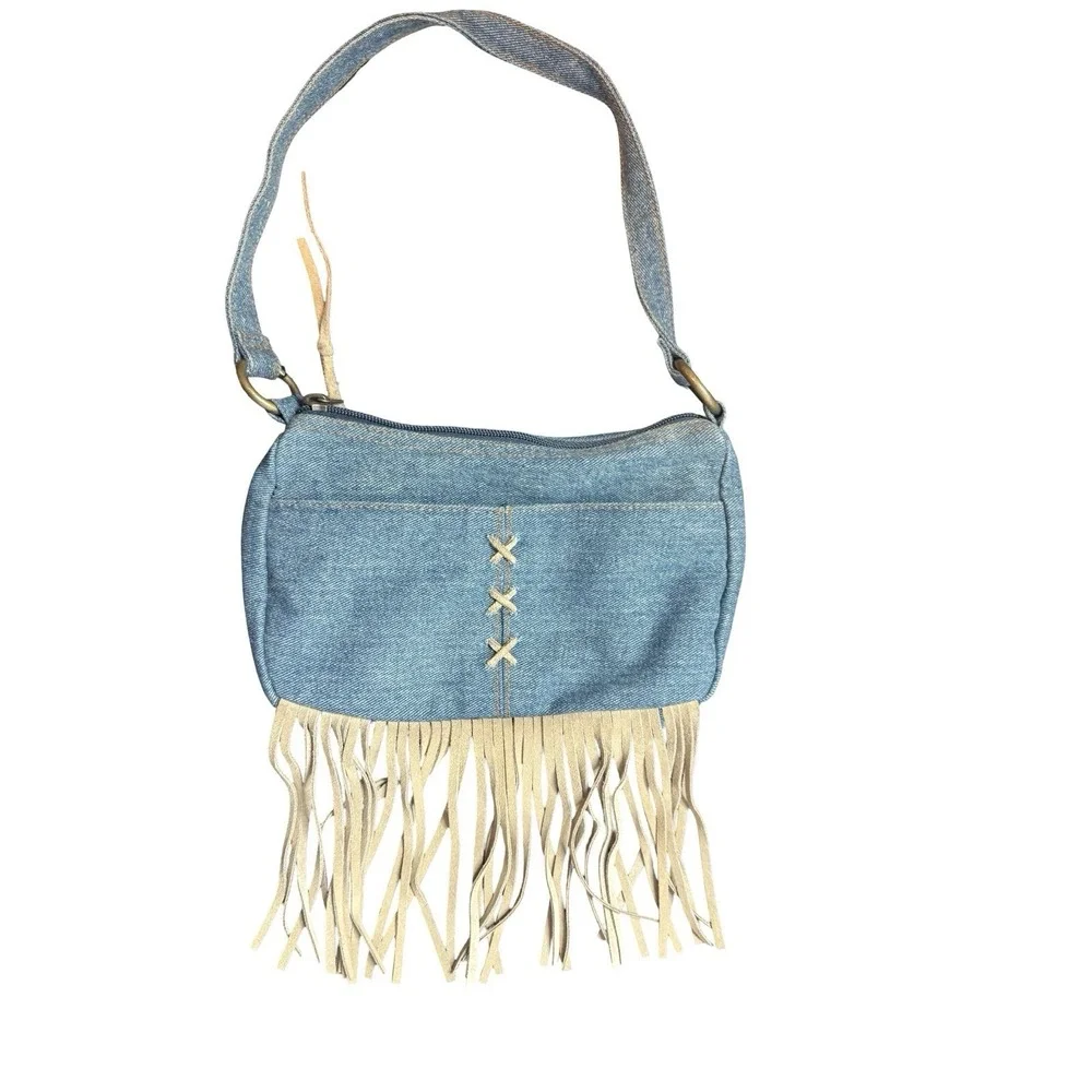 Q & A Denim Shoulder Bag with zippered‎ closure and 6